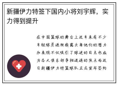 新疆伊力特签下国内小将刘宇辉，实力得到提升
