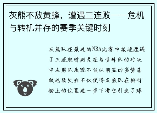 灰熊不敌黄蜂，遭遇三连败——危机与转机并存的赛季关键时刻